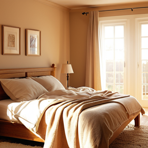 **

A cozy bedroom with warm beige walls, an ivory-colored bed, and warm-toned lighting. Wooden furniture is visible, creating a comfortable and inviting atmosphere. Focus on the feeling of being wrapped in a blanket of sunlight.

**