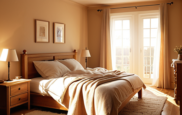 **

A cozy bedroom with warm beige walls, an ivory-colored bed, and warm-toned lighting. Wooden furniture is visible, creating a comfortable and inviting atmosphere. Focus on the feeling of being wrapped in a blanket of sunlight.

**
